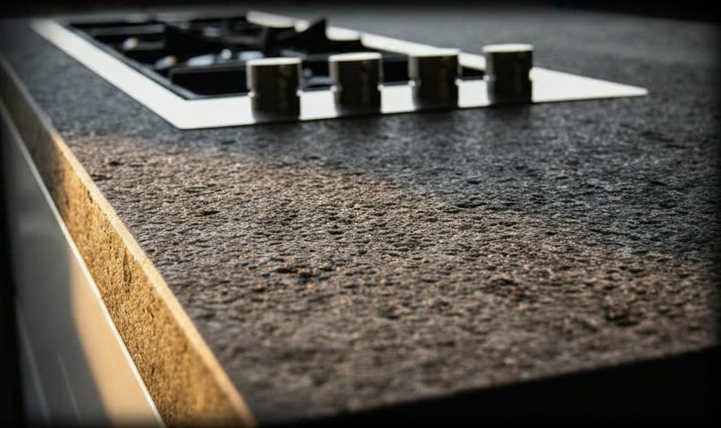 Dettaglio di un piano in marmo grigio a finitura grezza con spigolo smussato e piano cottura a gas incassato a filo