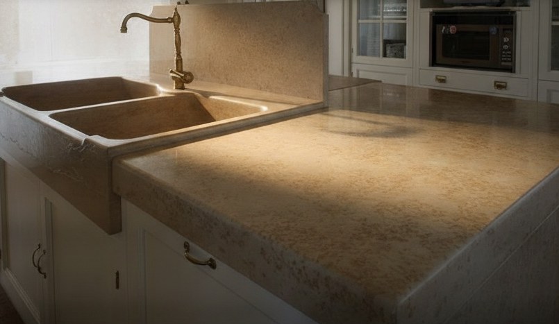 Piano d'isola in travertino levigato con doppio lavello scavato nel travertino e rubinetto in ottone, mobili chiari