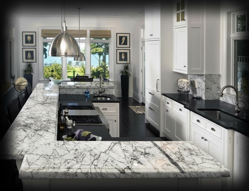 Cucina con banconi in marmo di Carrara a venatura fitta e bordo sagomato, e piani di lavoro in quarzo nero
