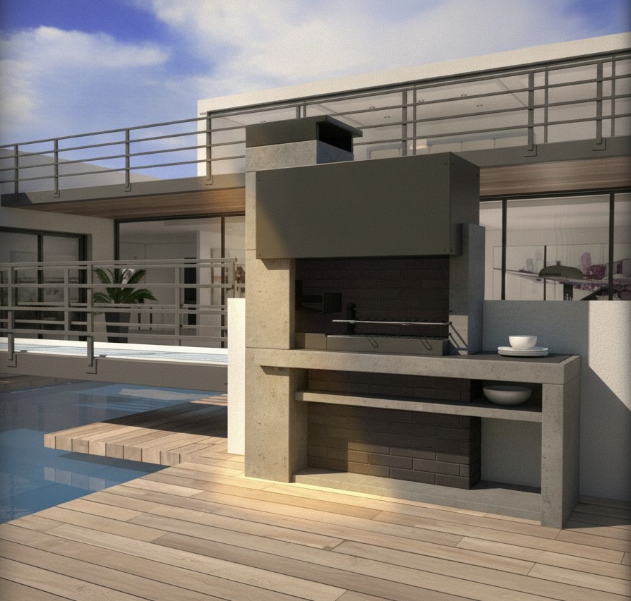 Barbecue moderno in pietra refrattaria grigia, con cappa squadrata scura e piano laterale, su ponte di legno a bordo piscina
