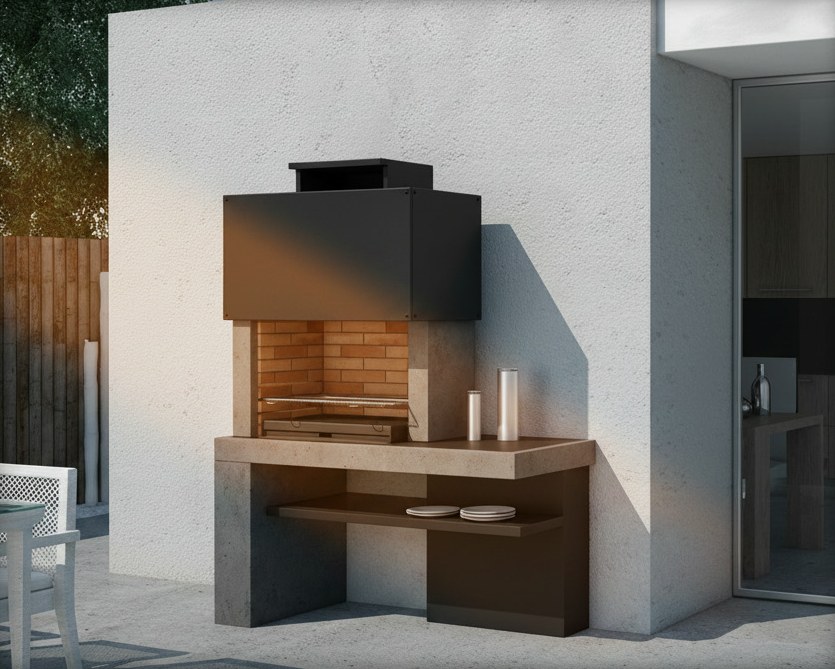 Barbecue moderno in pietra refrattaria grigia con cappa scura, fondale in mattoncini e piano d'appoggio, in un cortile bianco