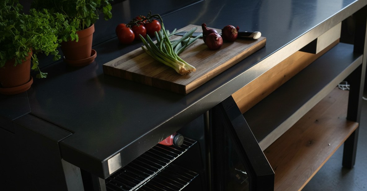 Piano da esterno in pietra refrattaria scura con tagliere, cipollotti, pomodori e cipolle rosse, sopra un frigorifero aperto