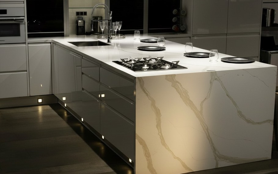Peninsula in grey-veined white marble with a full-height end panel, hob, sink and small lights set into the plinth