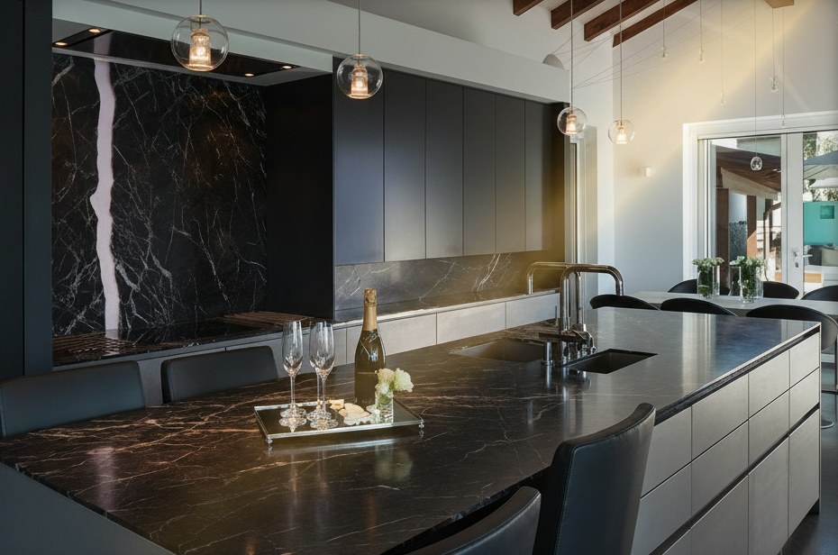 Isola in Nero Marquina con lavello scuro e rubinetto in acciaio, lastra a vena bianca dietro il piano cottura