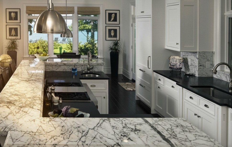 White kitchen with boldly veined Carrara marble breakfast bar, black quartz worktops and steel pendant lamps