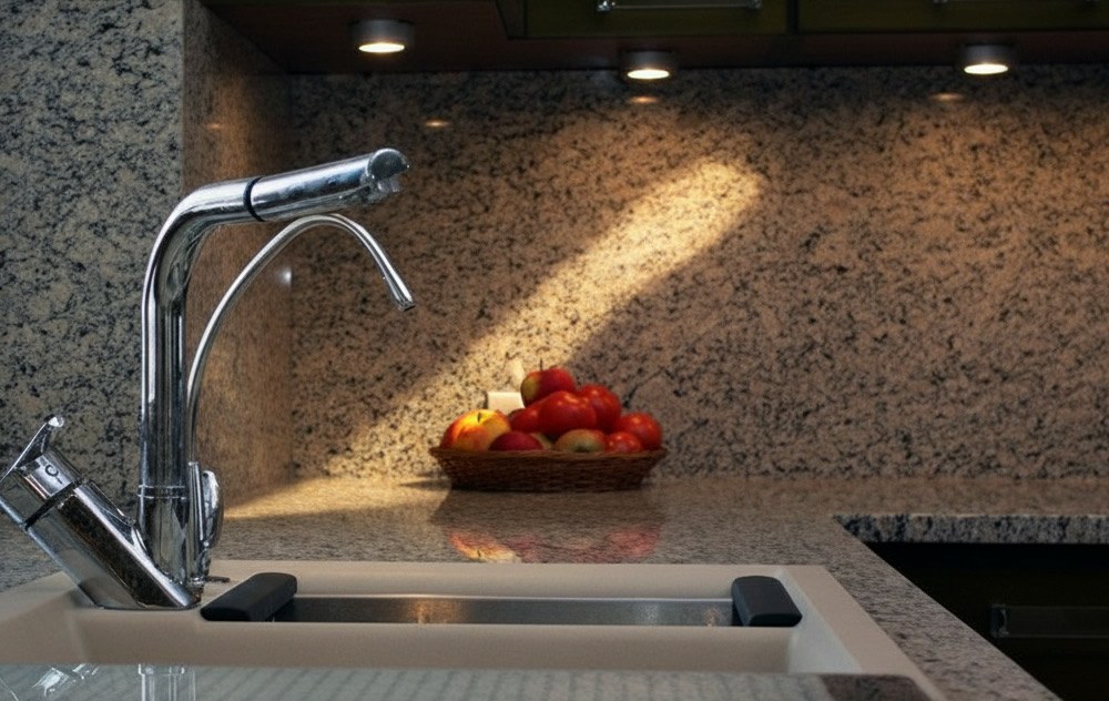 Grey and beige granite worktop and splashback behind the sink, with chrome mixer tap and lights under the wall units