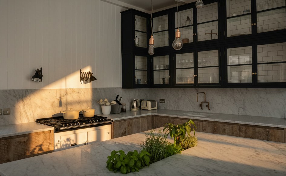 Kitchen with Carrara marble worktops, upstand and island, black glazed wall units and a herb trough set in the top