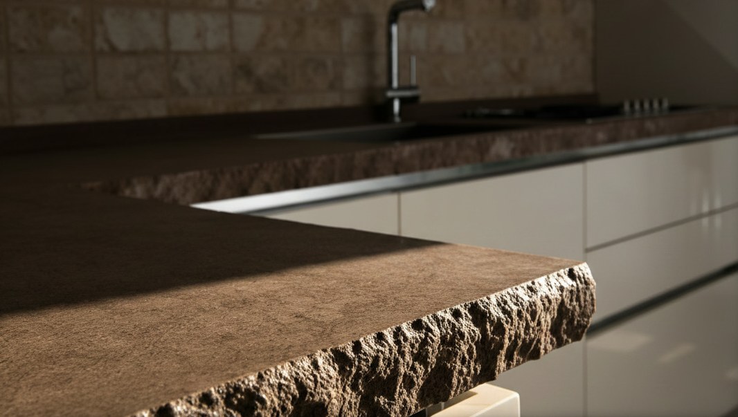 Brown stone kitchen worktop with a smooth surface and a natural split-face edge, steel tap in the background