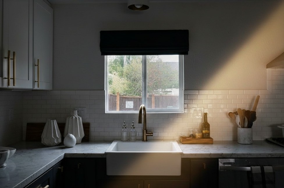 Cucina con basi blu, piano in marmo di Carrara e lavello sporgente in marmo bianco sotto la finestra, rubinetto in ottone