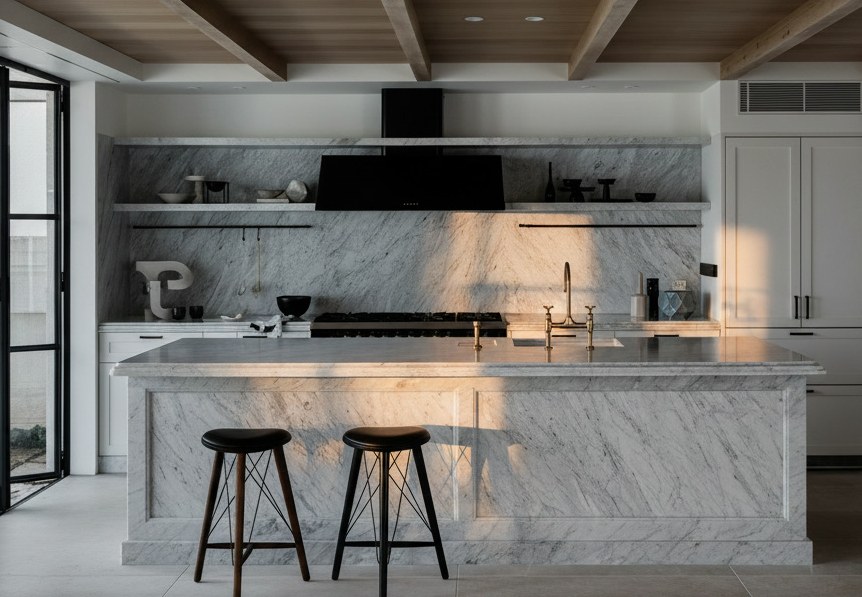Island clad entirely in Carrara marble with matching splashback, black hood and exposed timber beams
