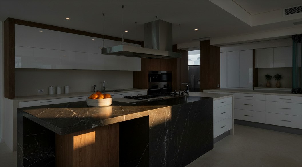 Grande cucina con isola in marmo nero venato di grigio, fianco a cascata, inserto in legno e cappa in acciaio