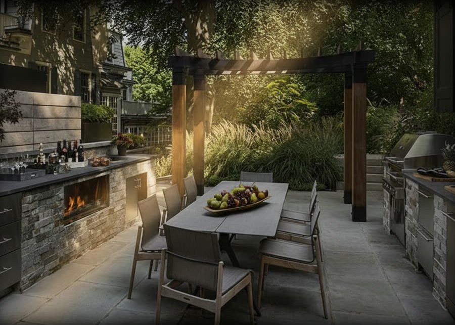 Cucina da esterno con basi rivestite in pietra a vista, piani scuri, barbecue in acciaio e tavolo sotto il pergolato