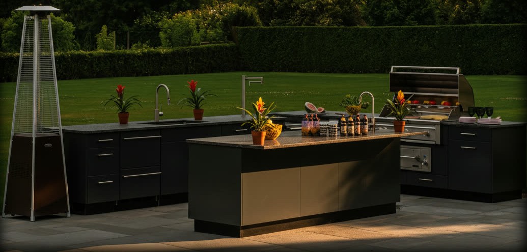 Dark steel outdoor kitchen with granite worktops, central island and gas barbecue, on stone paving beside a hedged lawn
