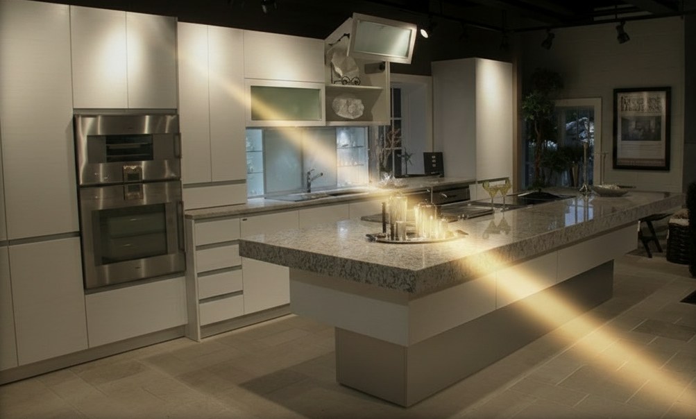 Cucina bianca con isola in granito su base a piramide rovesciata ed elettrodomestici in acciaio da incasso