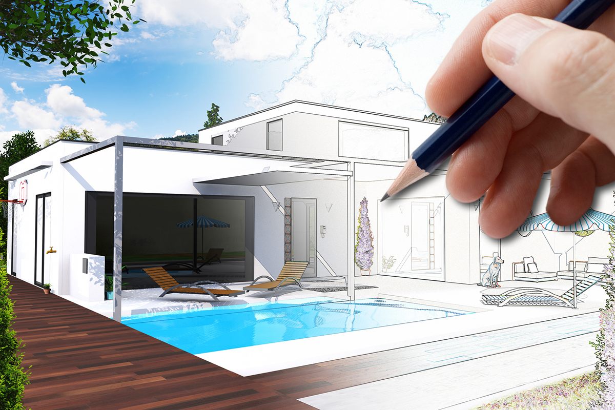 Mano con matita disegna una villa con piscina che da schizzo diventa realtà, progettazione su misura