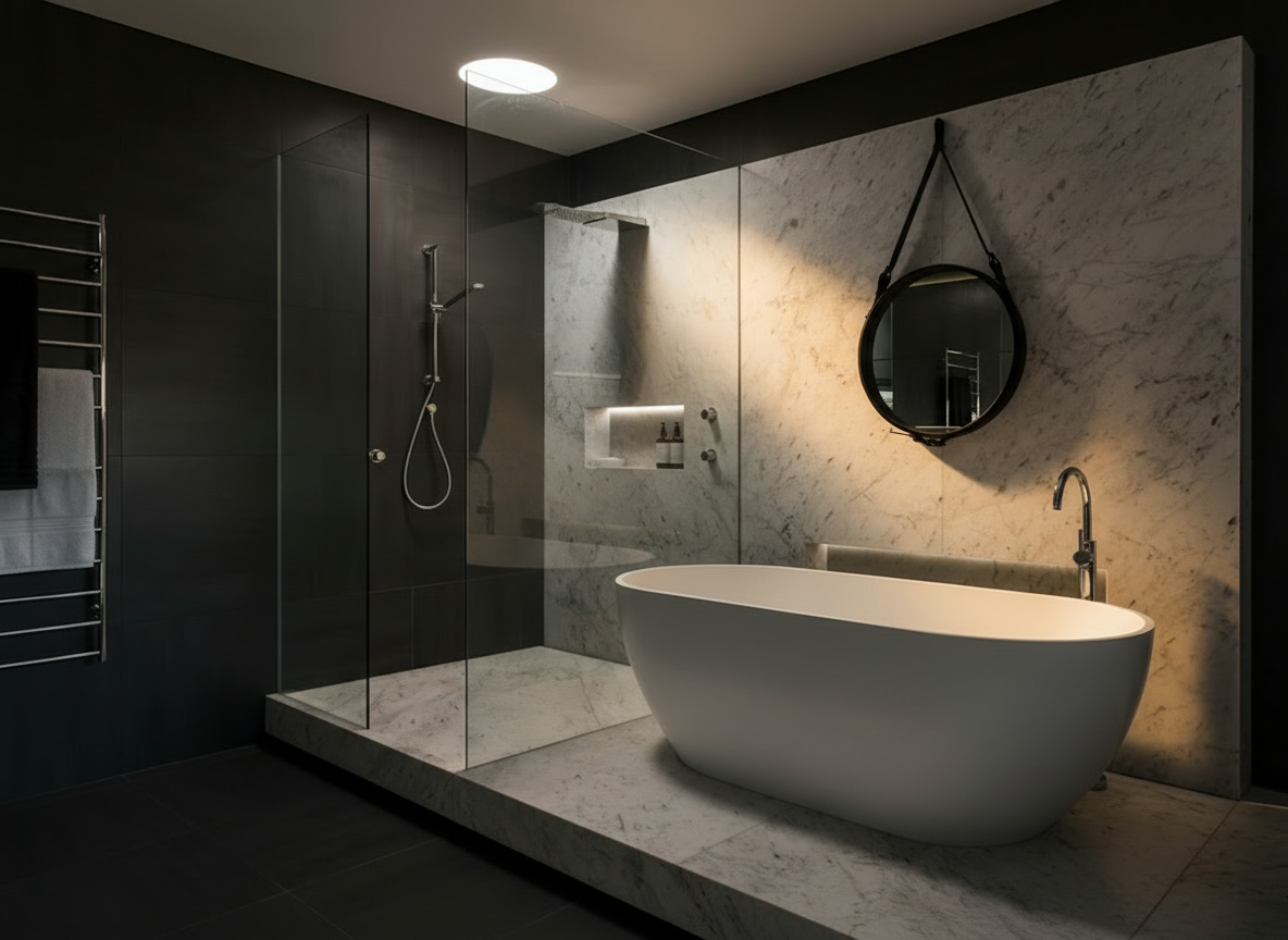 Bagno moderno con parete e pedana in marmo bianco venato, vasca ovale bianca, doccia in cristallo e specchio rotondo