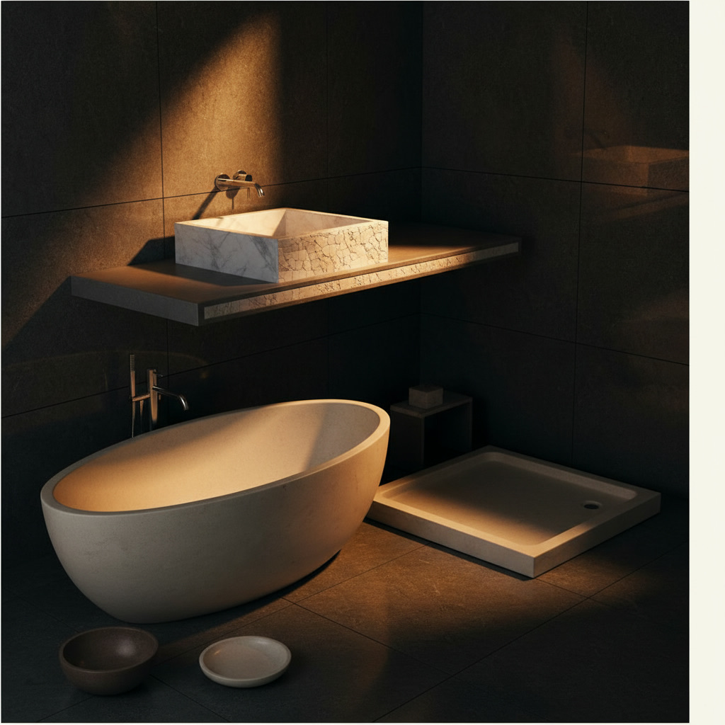 Scheda di collezione bagno con lavabo in marmo Calacatta, piano in Grigio Tao, vasca e piatto doccia in pietra