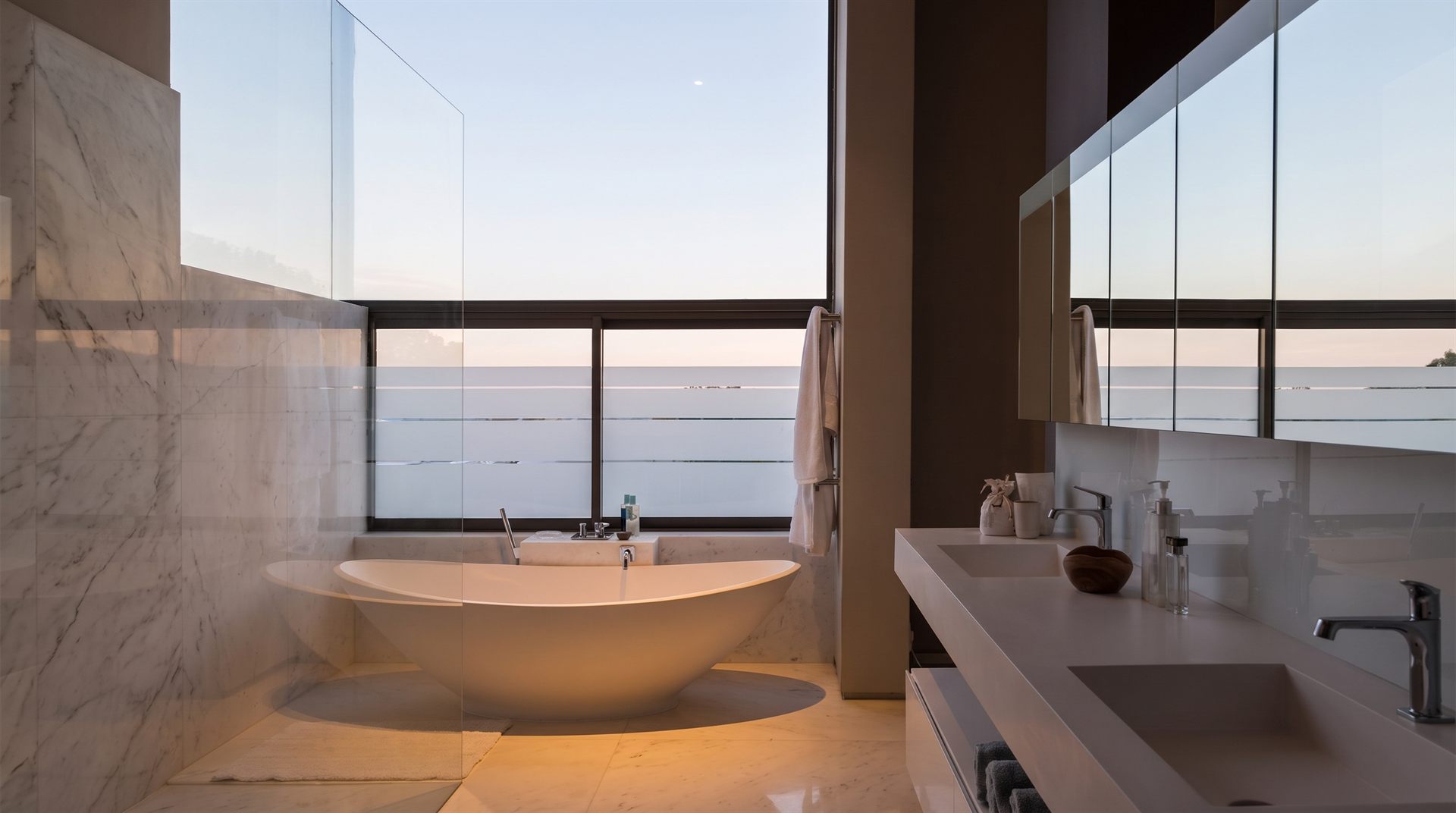 Visione di progetto: bagno moderno bianco con vasca ovale scultorea, doppio lavabo, specchiere e parete in marmo chiaro