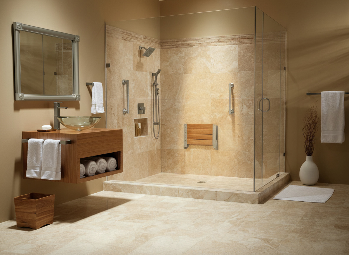 Bagno in travertino color crema con doccia in cristallo, mobile in rovere e lavabo in vetro