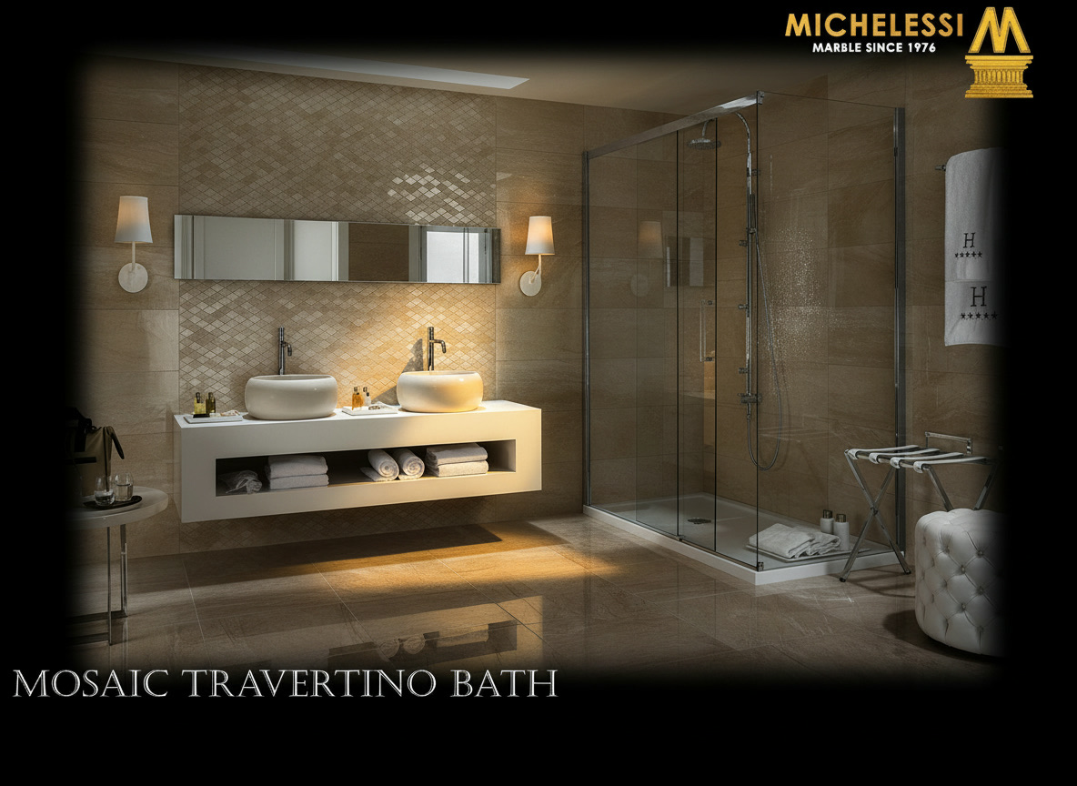 Bagno in travertino lucido con parete a mosaico, doppio lavabo tondo su mensola laccata bianca