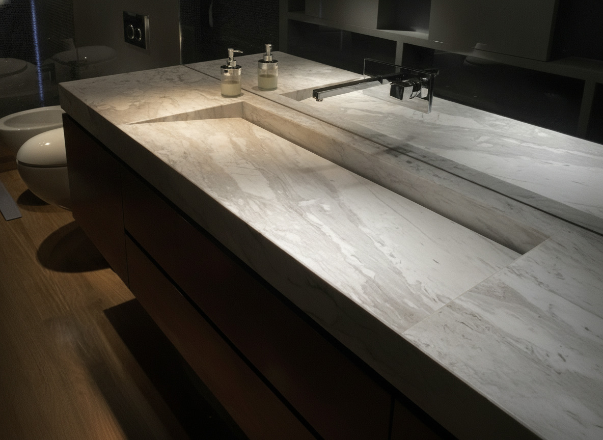 Lavabo contemporaneo in marmo massello di Carrara con rubinetto a muro e cassetti in legno scuro
