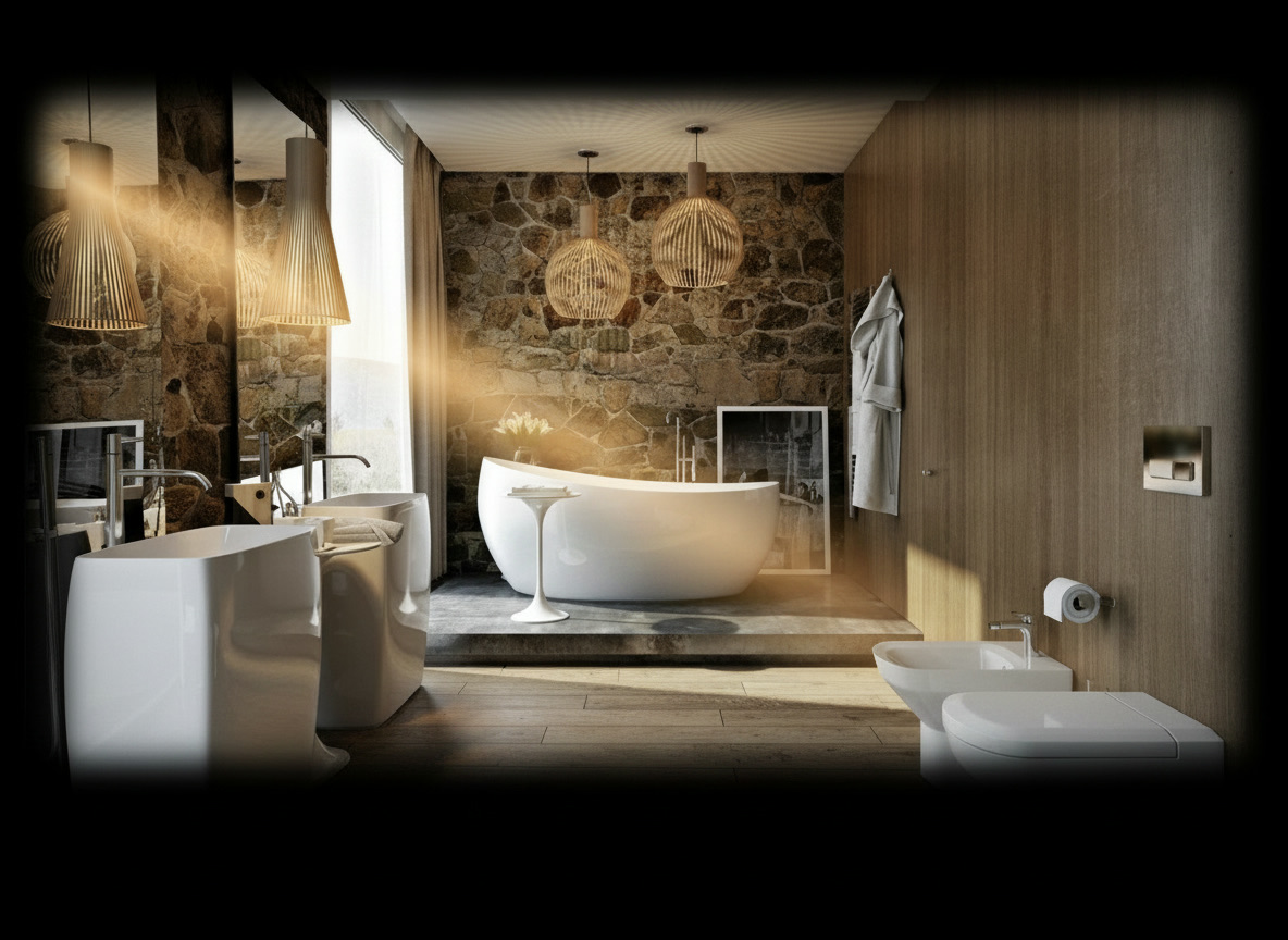 Bagno con parete in pietra a spacco, vasca bianca su pedana, legno wengé e lavabi freestanding