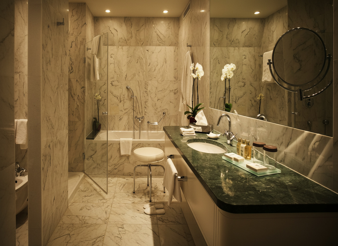 Bagno in marmo White Ice con piano lavabo in marmo verde Guatemala, orchidee e vasca con doccia