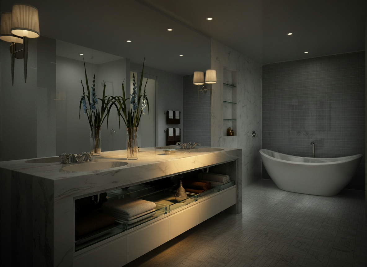 Bagno in marmo di Carrara e gres porcellanato con doppio lavabo integrato e vasca moderna