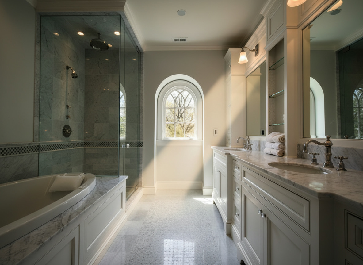 Bagno chiaro con piani in marmo di Carrara, mobili laccati bianchi, mosaico e finestra ad arco