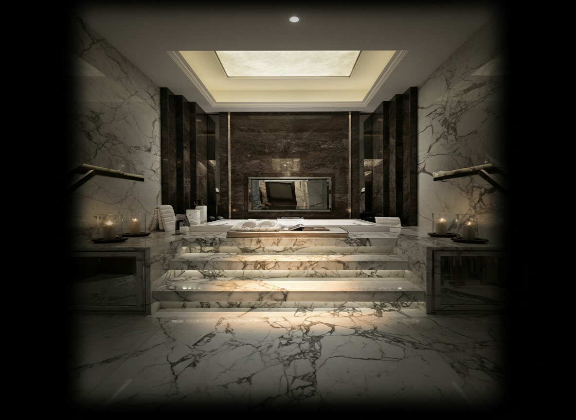 Zona benessere in marmo bianco antico venato con scalinata, vasca incassata e parete in marmo marrone