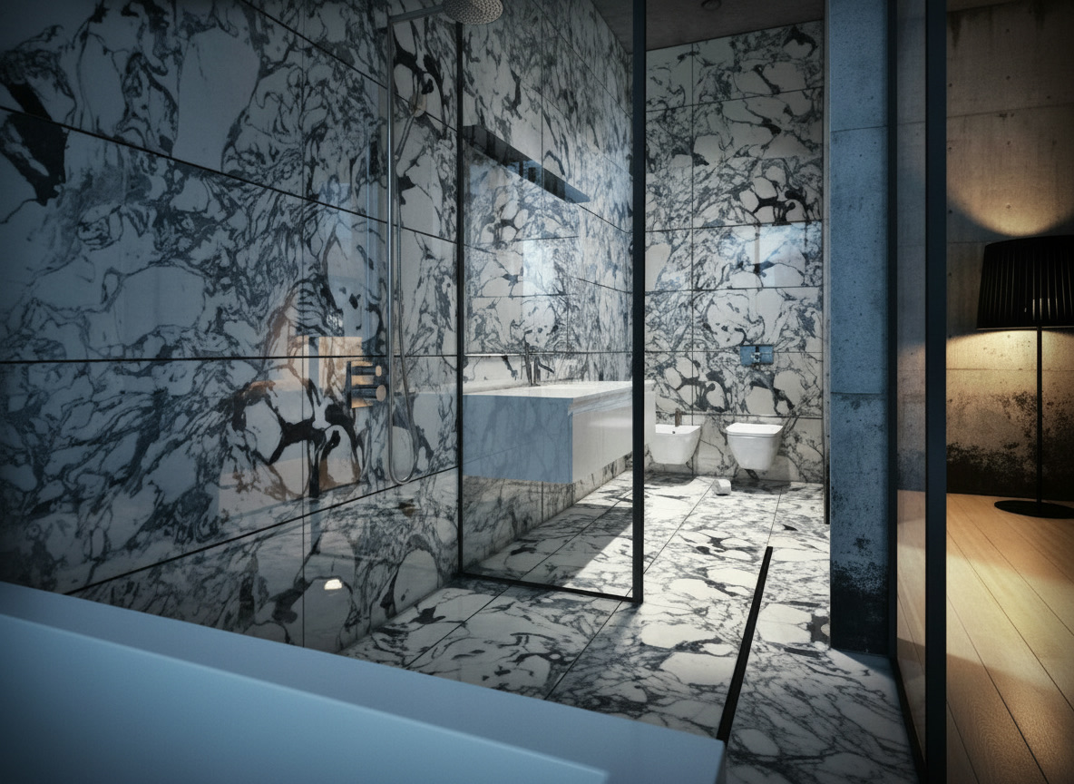 Bagno futuristico rivestito in marmo bianco a venature scure con sanitari sospesi e doccia in cristallo