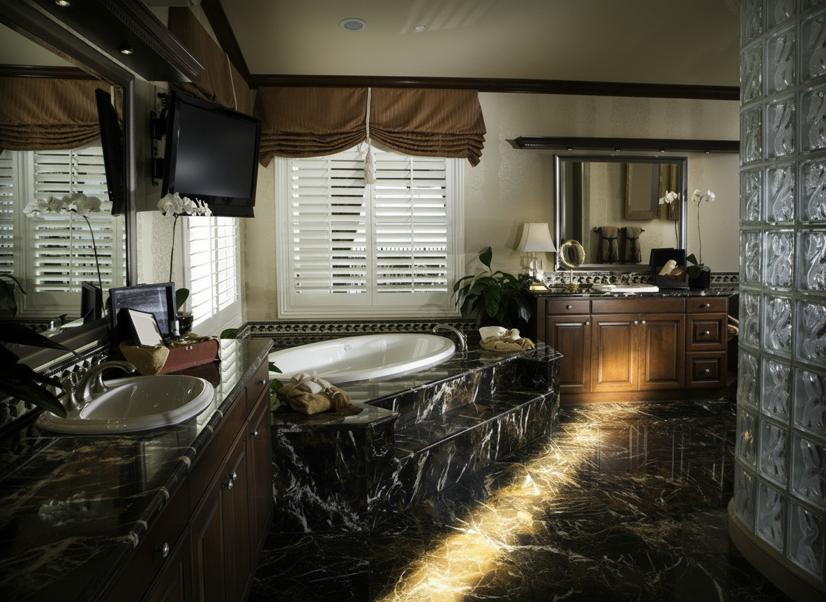 Bagno elegante in marmo nero venato con vasca centrale, mobili in noce e parete in vetromattone