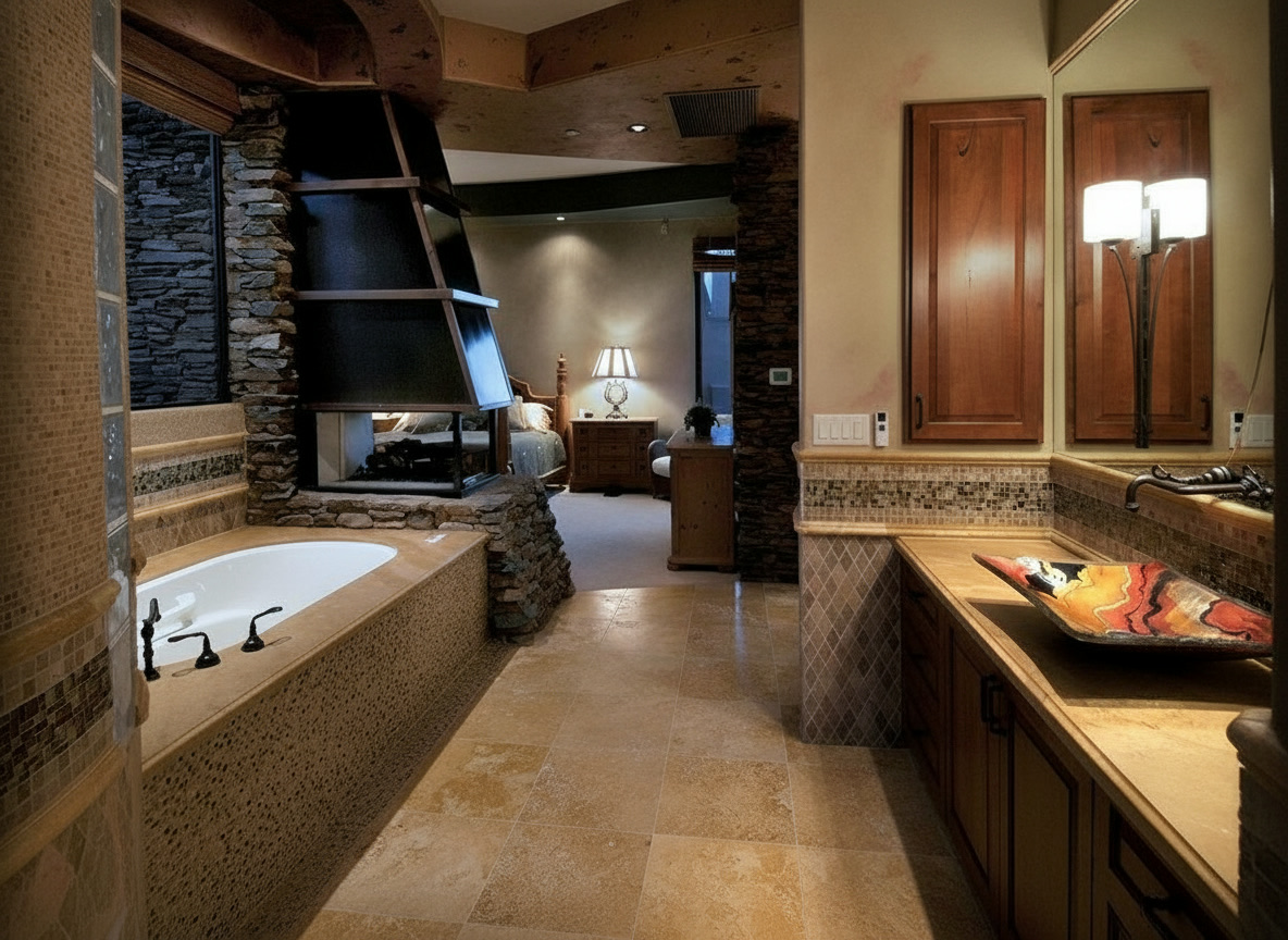 Bagno in marmo silva e mosaico con caminetto a gas sul bordo vasca e lavabo da appoggio colorato