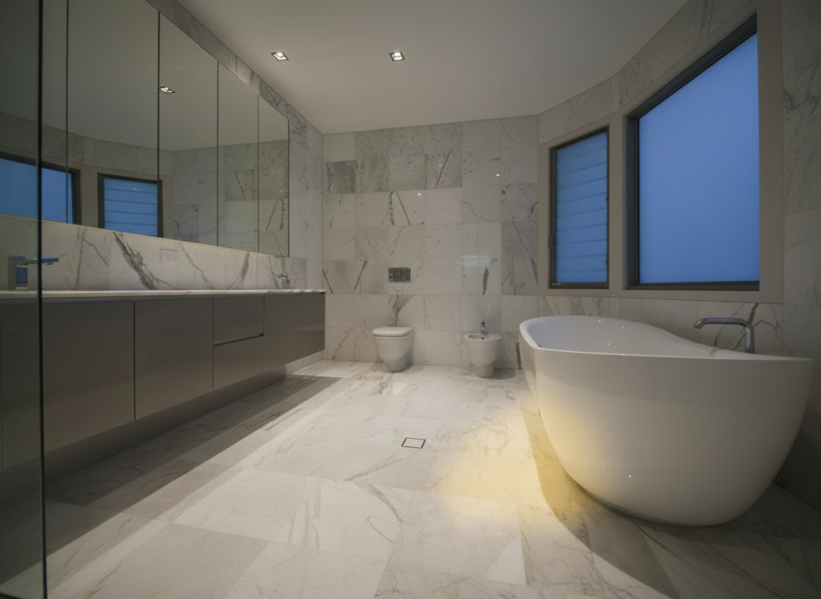 Bagno luminoso rivestito in marmo di Carrara con vasca ovale bianca e lungo mobile laccato