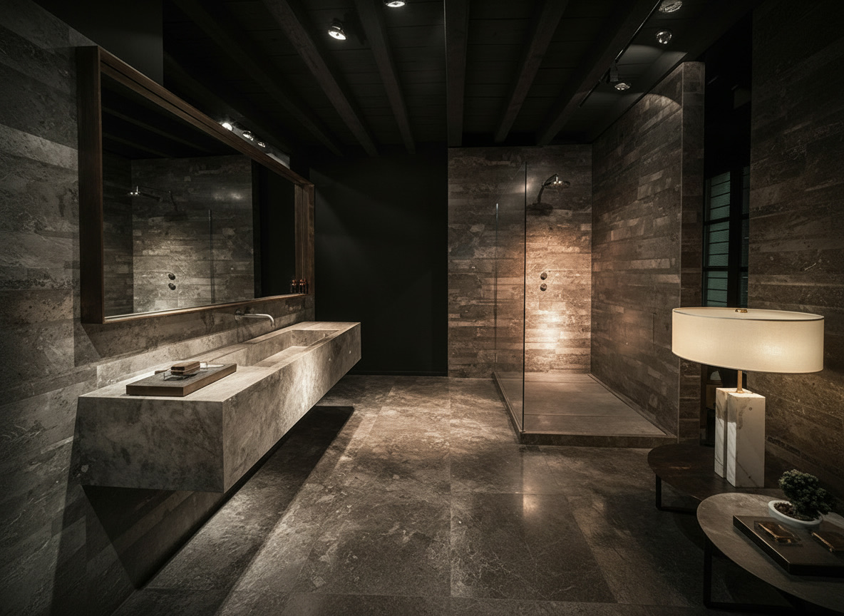 Bagno contemporaneo in pietra grigia a listelli con lavabo monolitico sospeso e doccia aperta