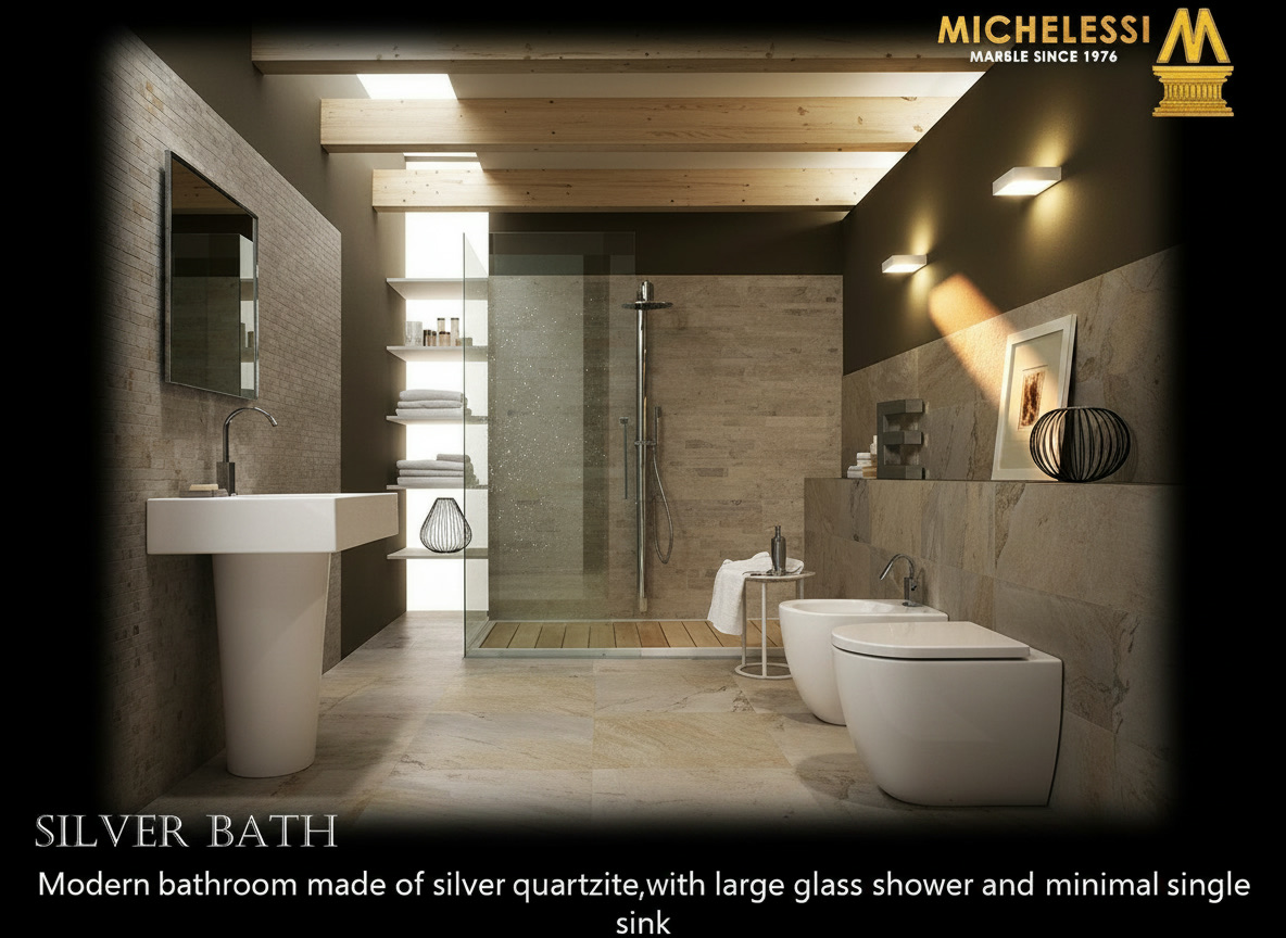 Bagno moderno in quarzite argento con doccia in cristallo, lavabo a colonna e travi in legno chiaro