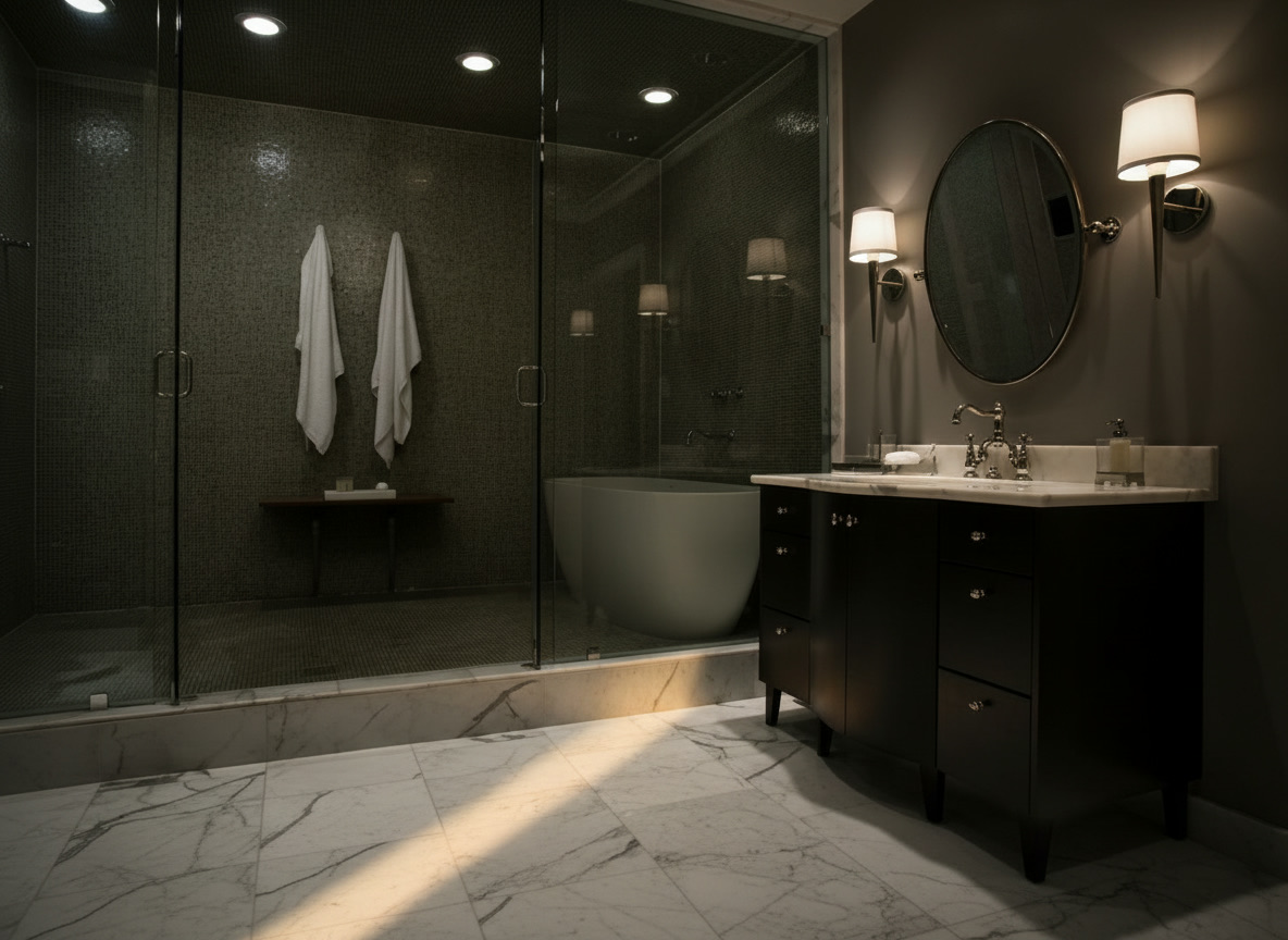 Bagno in marmo di Carrara con doccia e vasca in stanza separata rivestita di mosaico verde