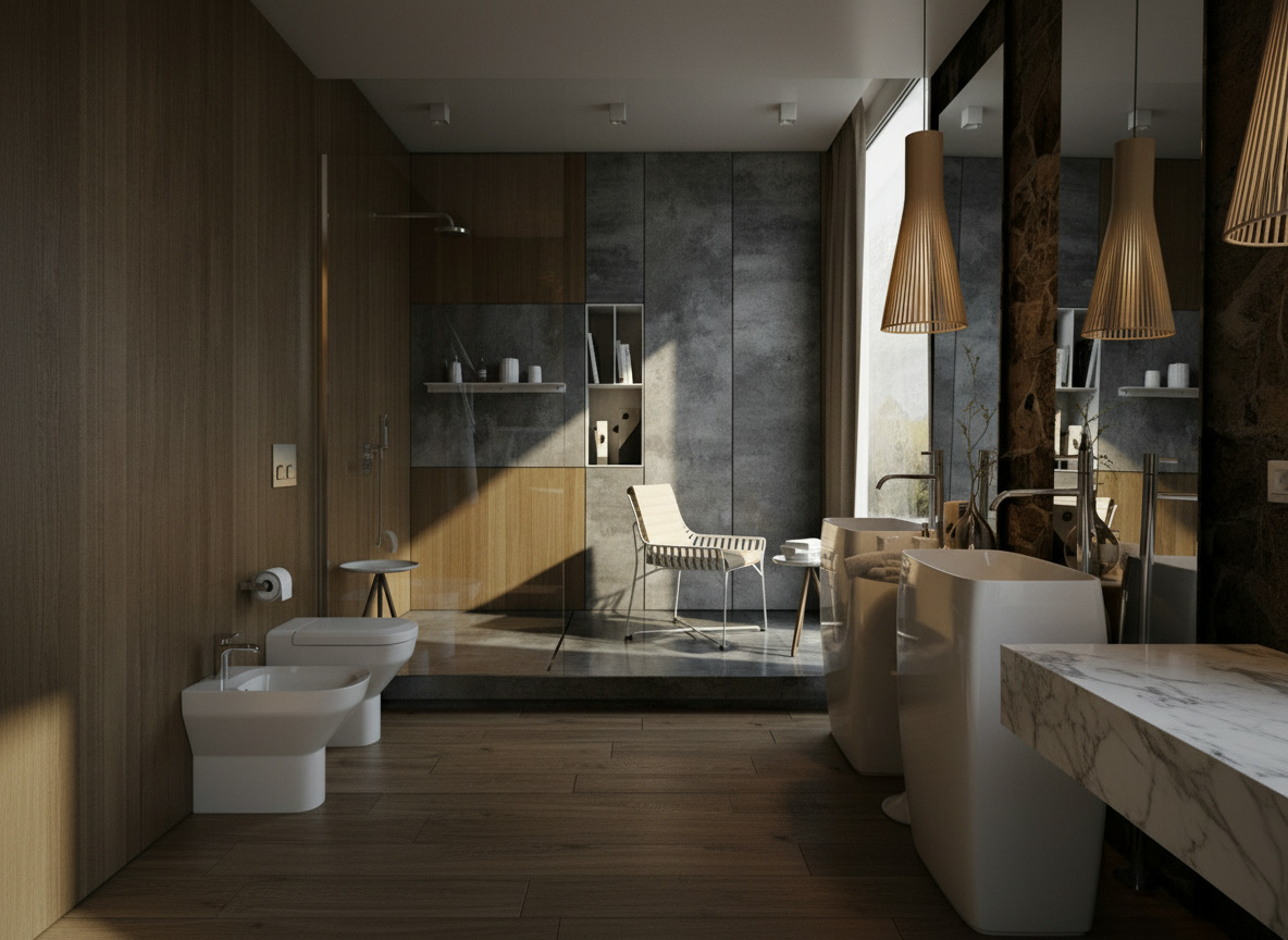 Bagno in pietra grigia gaya e rovere naturale con lavabi freestanding e lampade a sospensione