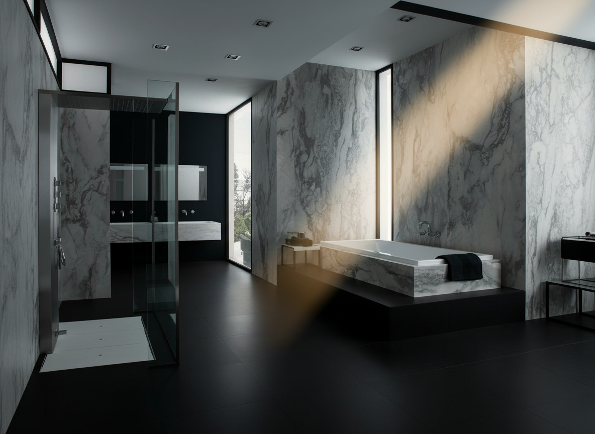 Bagno con pareti in marmo carrara grigio venato, pavimento scuro gaja e vasca su pedana
