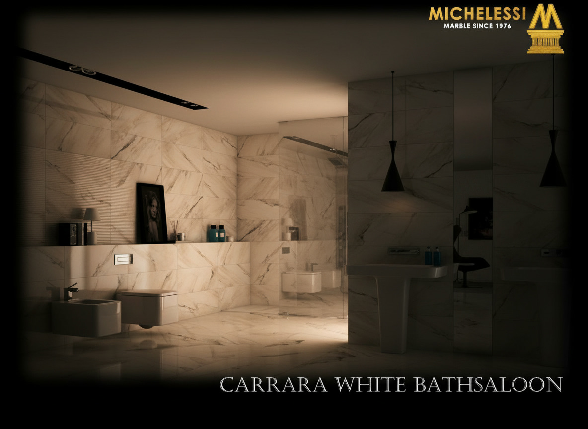 Ampio bagno in marmo bianco di Carrara con sanitari sospesi e lavabi a colonna dal disegno minimale