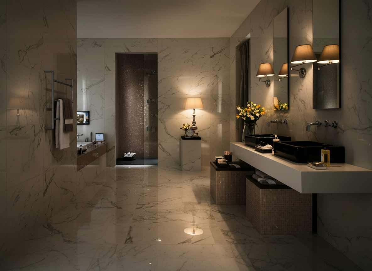 Bagno in marmo di Carrara con mosaico rosa, doppio lavabo in ceramica nera e doccia con nicchia