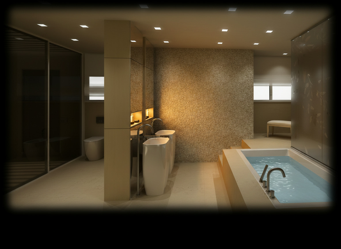 Bagno moderno in toni caldi con quarzo e gres, parete a mosaico, lavabi freestanding e vasca incassata