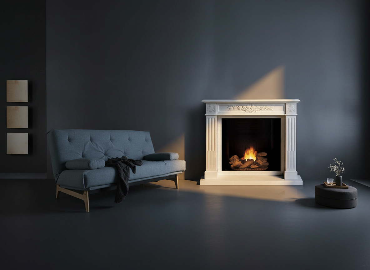 Caminetto classico con cornice in marmo Thala bianco, base lineare, mensola superiore e decorazioni scolpite