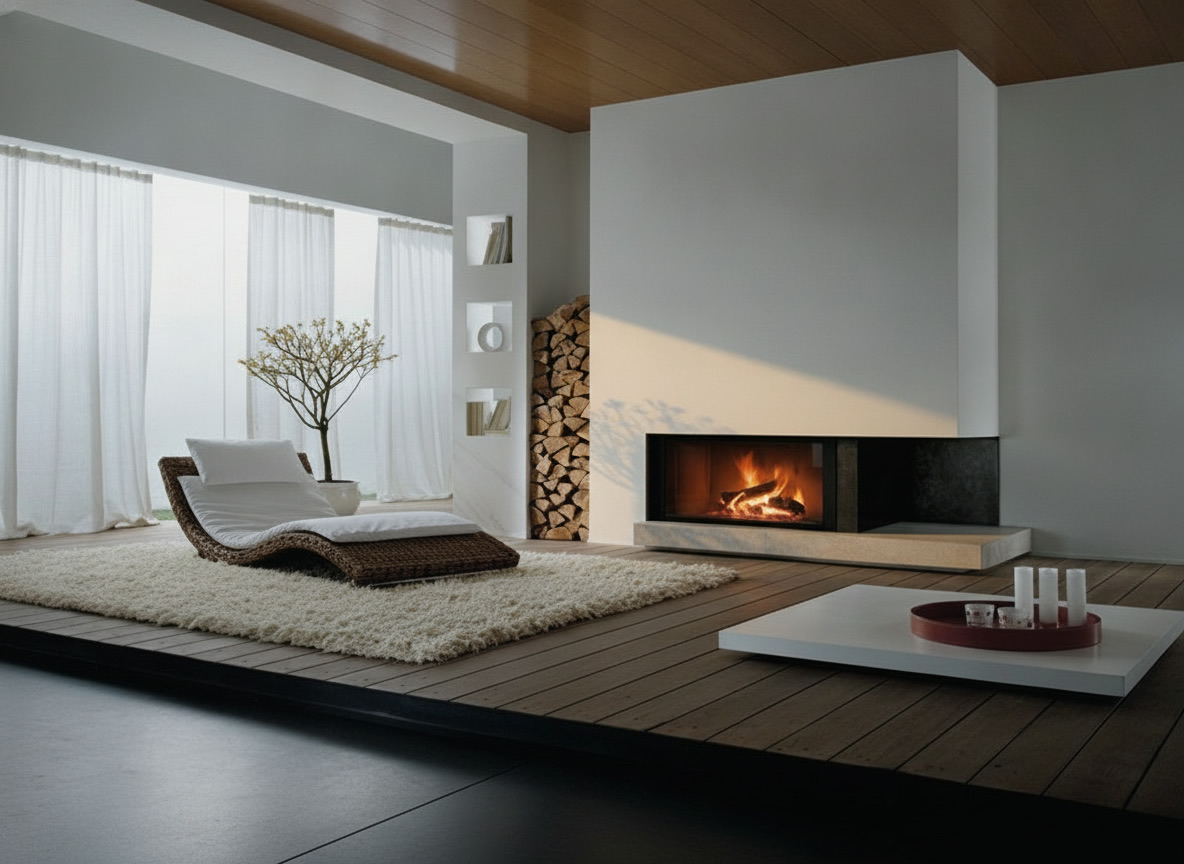 Caminetto moderno con base in marmo su pedana di legno, colonna portalegna e focolare d'angolo a vetro