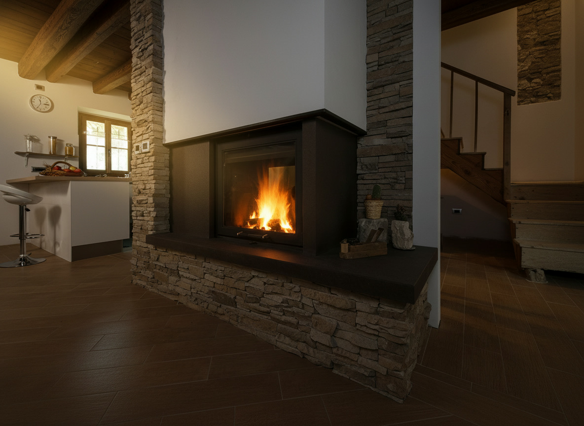 Caminetto integrato in parete di pietra naturale a listelli con base e fianchi in marmo Kaesar Brown, ambiente rustico