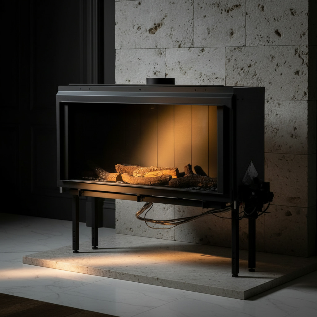 Focolare a gas MCZ Forma 115 con ceppi decorativi e struttura in acciaio nero, sistemi di riscaldamento