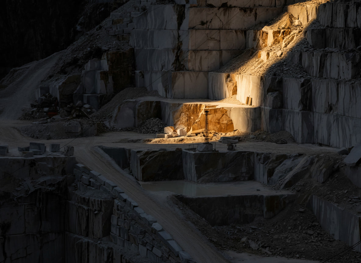 Cava di marmo bianco con fronti a terrazze e blocchi tagliati, la pietra naturale del catalogo Michelessi