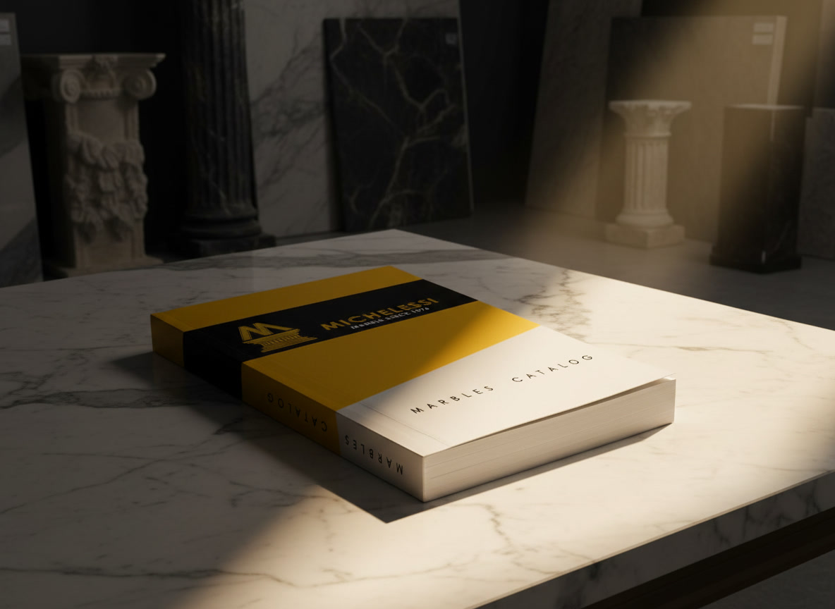 Catalogo cartaceo Michelessi Marble since 1976, copertina gialla e nera, materiali marmo e finiture