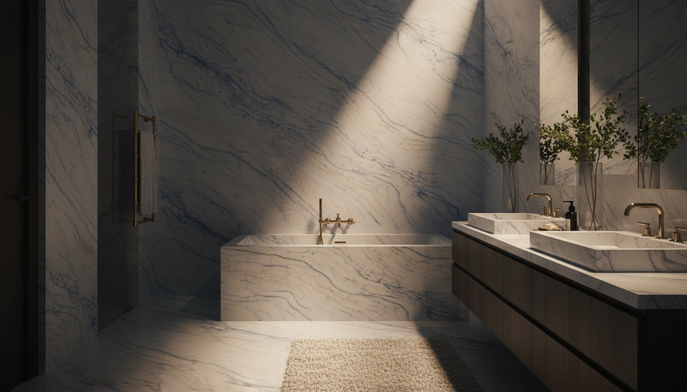 Lastra levigata con venature blu e oro su fondo avorio, materiali del catalogo marmi e pietre naturali Michelessi