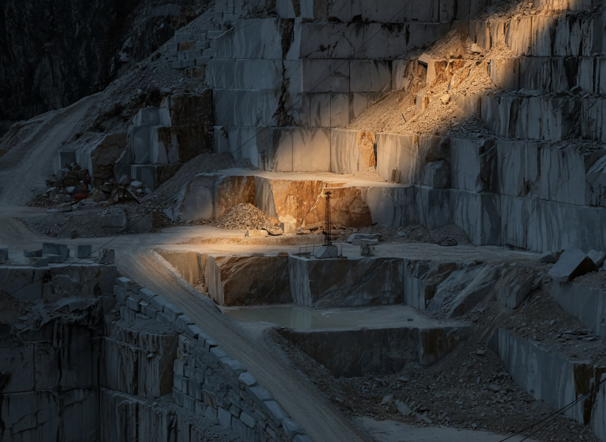 Cava di marmo bianco a gradoni con blocchi squadrati e strade sterrate, origine dei materiali del catalogo Michelessi